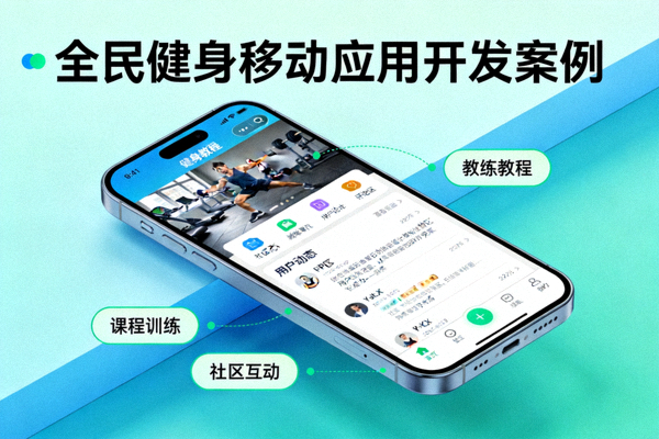 全民健身移动应用开发案例封面 - 手机屏幕上展示健身教程与社区功能
